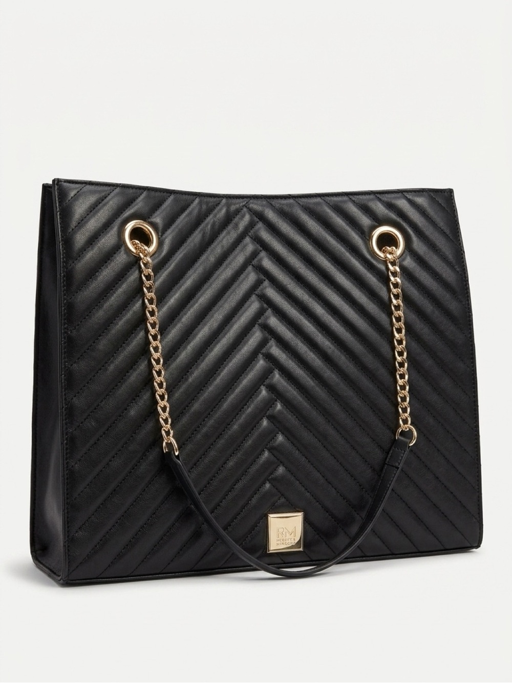 Rebecca Minkoff Black Quilted Chevron Tote with Gold Chain Straps